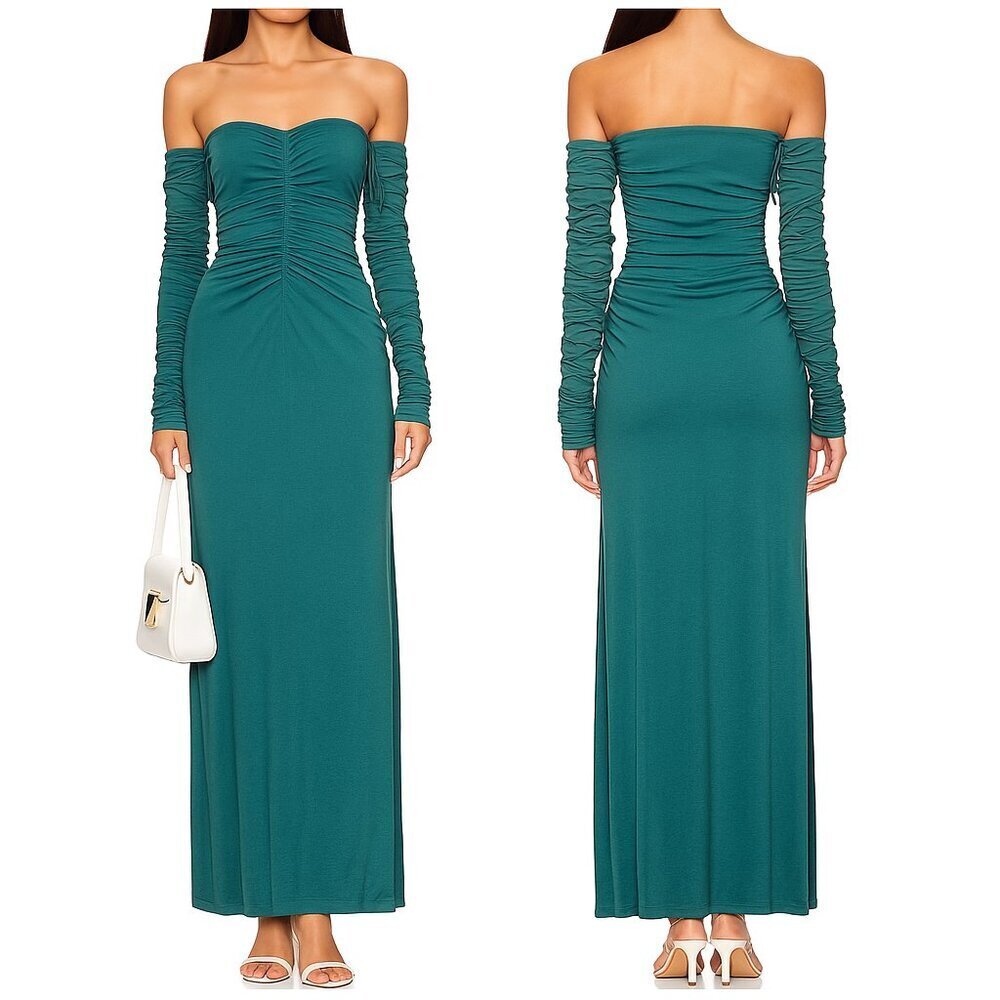 SWF Ruched Off Shoulder Long Sleeve Maxi Dress Teal Green Size Small